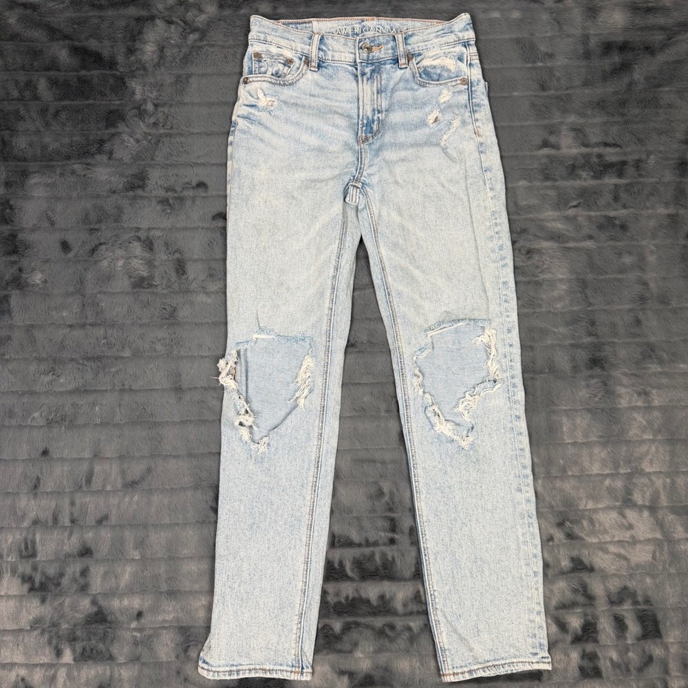 American Eagle Super High Rise Ankle Straight Distressed Jeans Light Wash 00